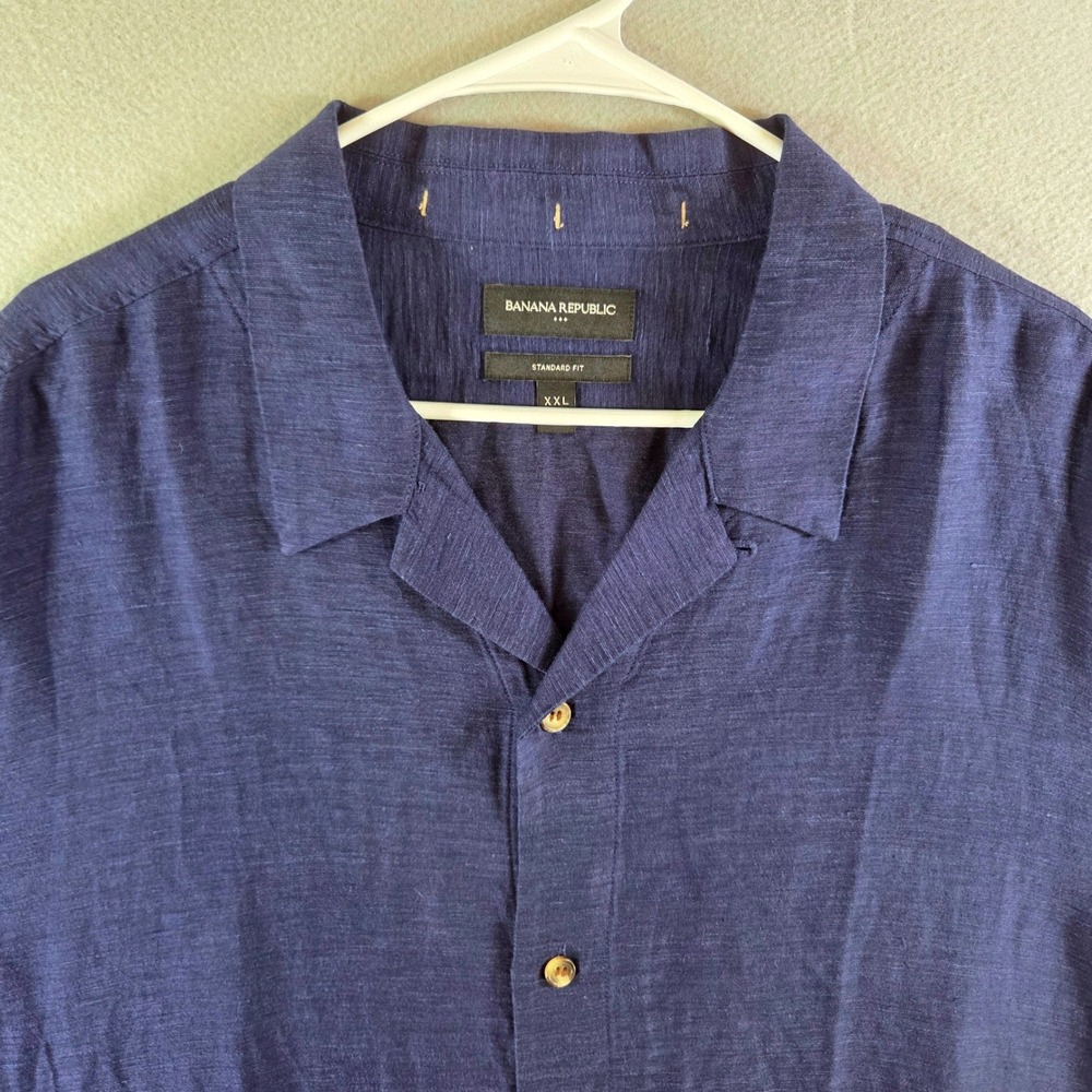 Banana Republic Mens XXL Navy Blue Linen Blend Short Sleeve Camp Collar Shirt